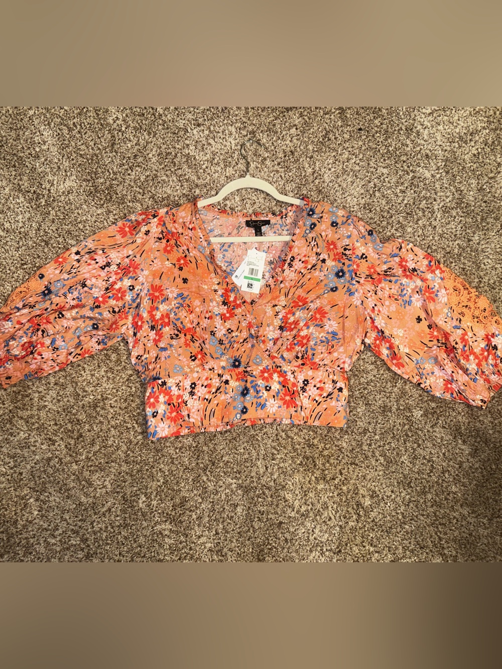 Floral Smocked V-Neck Crop Top - Orange with tie bow in the back